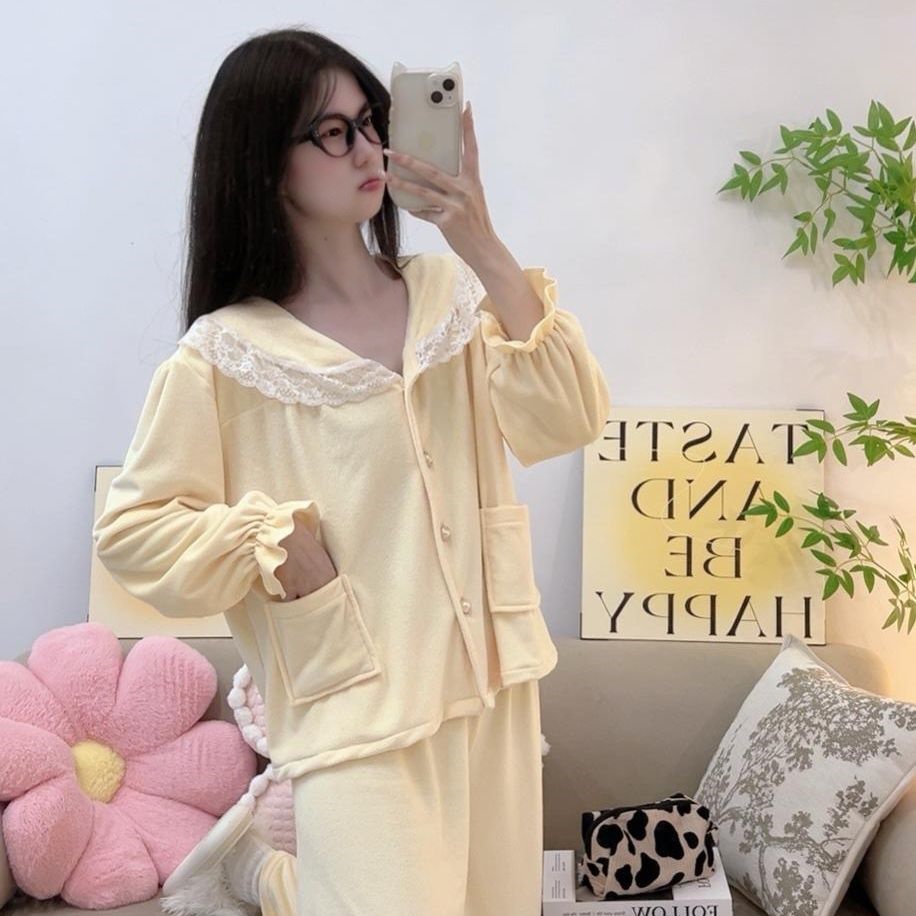 2025新款睡衣女秋冬娃娃领海岛绒女士睡衣套装简约款双面绒家居服 - 图0