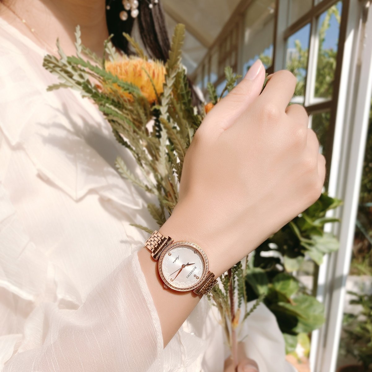 罗西尼手表女玫瑰金时尚潮流镶钻女士手表腕表情人节送女友518856