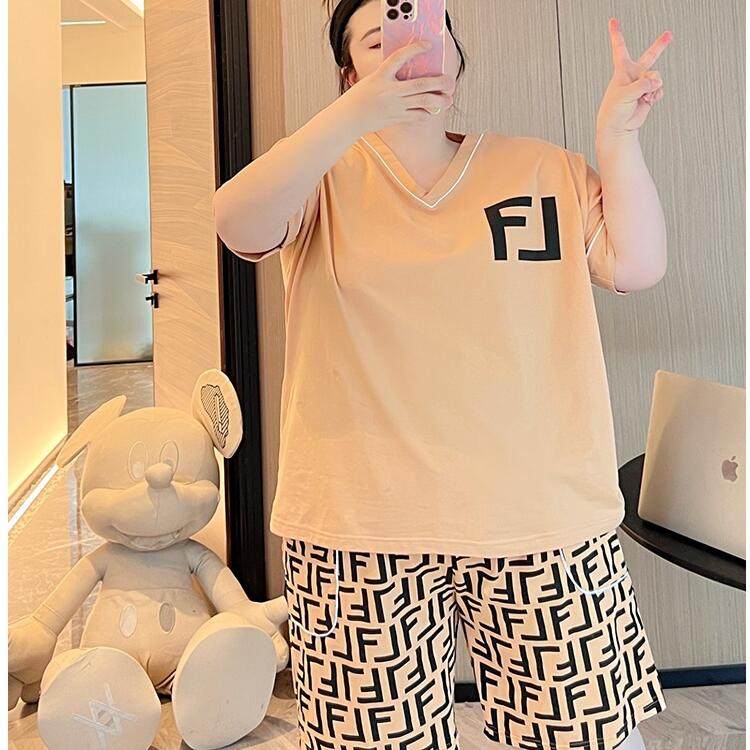 胖mm特大码300斤宽松卡通印花V领慵懒风套装短袖短裤睡衣家居服女,淘宝优惠券,粉丝福利购,淘宝优惠卷