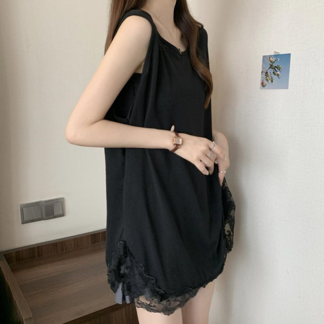 Large size solid color sleeveless vest mid-length lace splicing