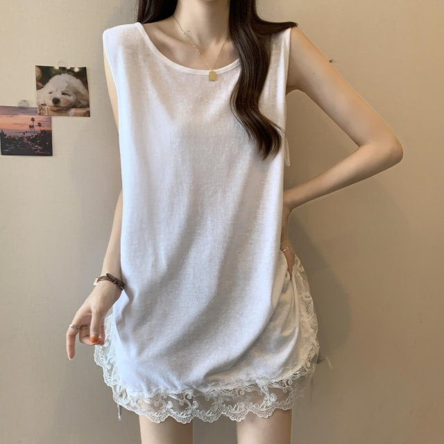 Large size solid color sleeveless vest mid-length lace splicing