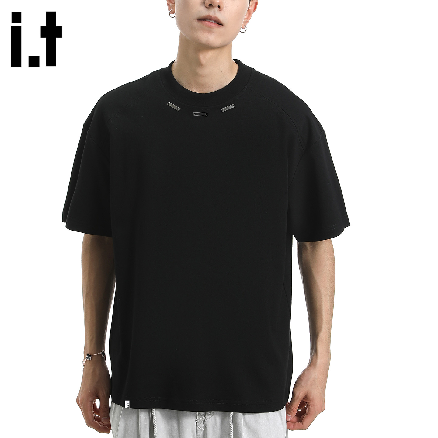 it：5cm/FIVECM夏季金属扣圆领T恤男女同款潮流黑色宽松套头短袖 - 图0