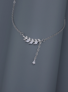 s925纯银锆石水滴树叶项链小清新