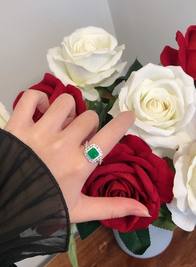 仿真祖母绿戒指925ins女名媛大气