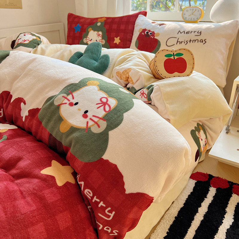 晚安猫新年限定可爱卡通牛奶绒四件套保暖宿舍三件套床单床笠床品,淘宝优惠券,粉丝福利购,淘宝优惠卷