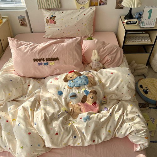 晚安猫可爱卡通毛巾绣水洗棉四件套少女心被套宿舍三件套床单床品 - 图3