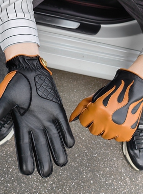 山羊皮新款火焰男士驾驶机车复古薄款真皮手套秋冬摩托车触屏保暖