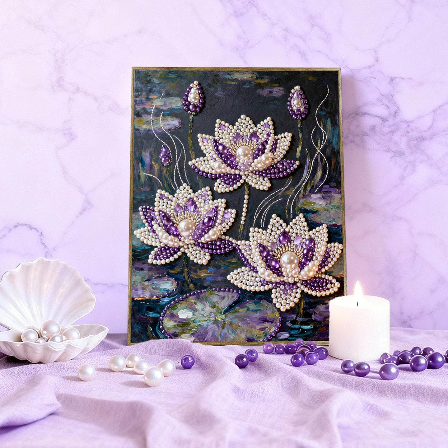 紫与莲 2026新款DIY钻石珍珠画手工立体莲花荷叶摆台装饰礼物,淘宝优惠券,粉丝福利购,淘宝优惠卷