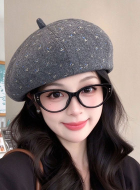 碎花呢子贝雷帽女秋冬天保暖帽子