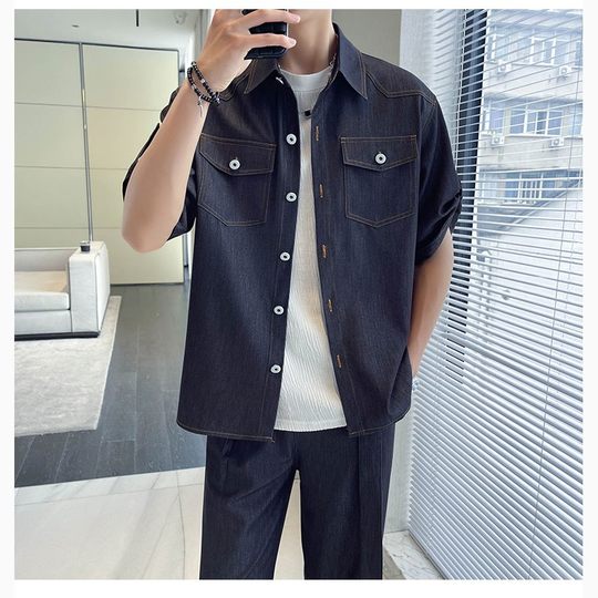 Ryder's matching fashionable loose soft denim suit summer men's thin short-sleeved shirt and pants two-piece set