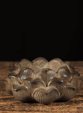 仿古石雕天然青石手工莲花石盆复古民俗笔洗茶席装饰会所摆件包邮