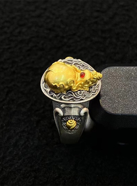 藏式纯银复古个性纳财吐宝鼠戒指