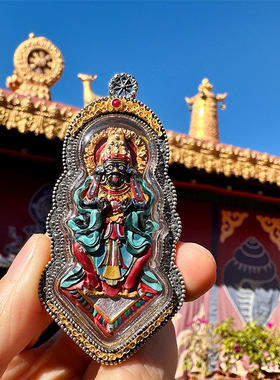 西藏热贡925银壳彩绘药泥擦擦嘎乌吊坠黄财大黑天扎基绿度母佛牌