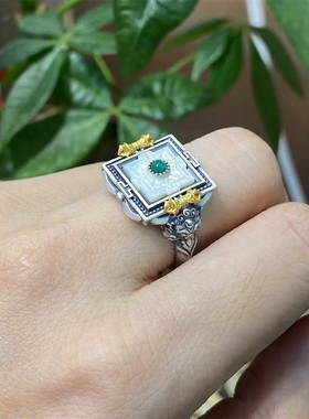 藏式925纯银镶嵌坛城金刚杵戒指