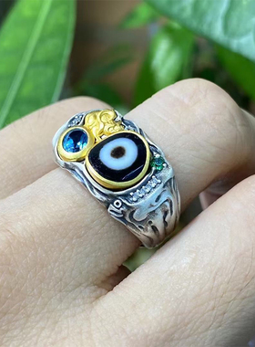 藏式S925纯银镶嵌吐宝鼠天珠戒指