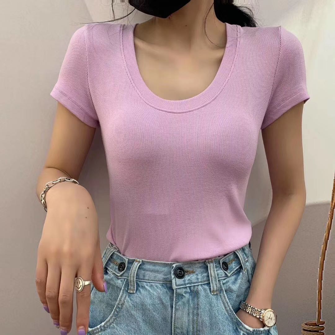 SJBY韩版短袖T恤女夏季简约螺纹弹力紧身垂感百搭打底衫圆领上衣-图0