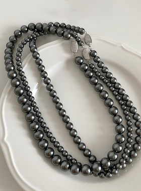 深灰色强光正圆珍珠项链