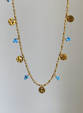 大米饰品】南法小众蓝松石果子串珠金流苏圆片复古项链夏季锁骨链