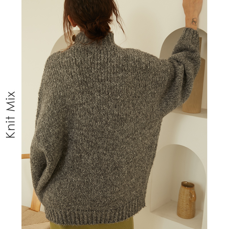 Knit Mix毛衣女灰色半高领宽松慵懒风套头加厚2023秋冬外穿针织衫