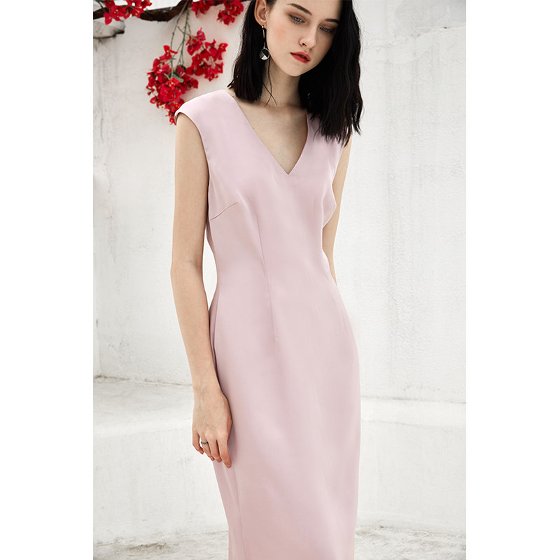 SHIRLEY YU2025夏新款女装原创设计粉色修身V领连衣裙聚会小礼服 - 图0