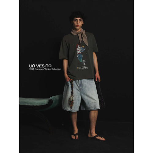 【洗褪磨破】Unvesno(UN)Vintage洗褪怀旧磨破叛逆美人鱼印花T恤 - 图3