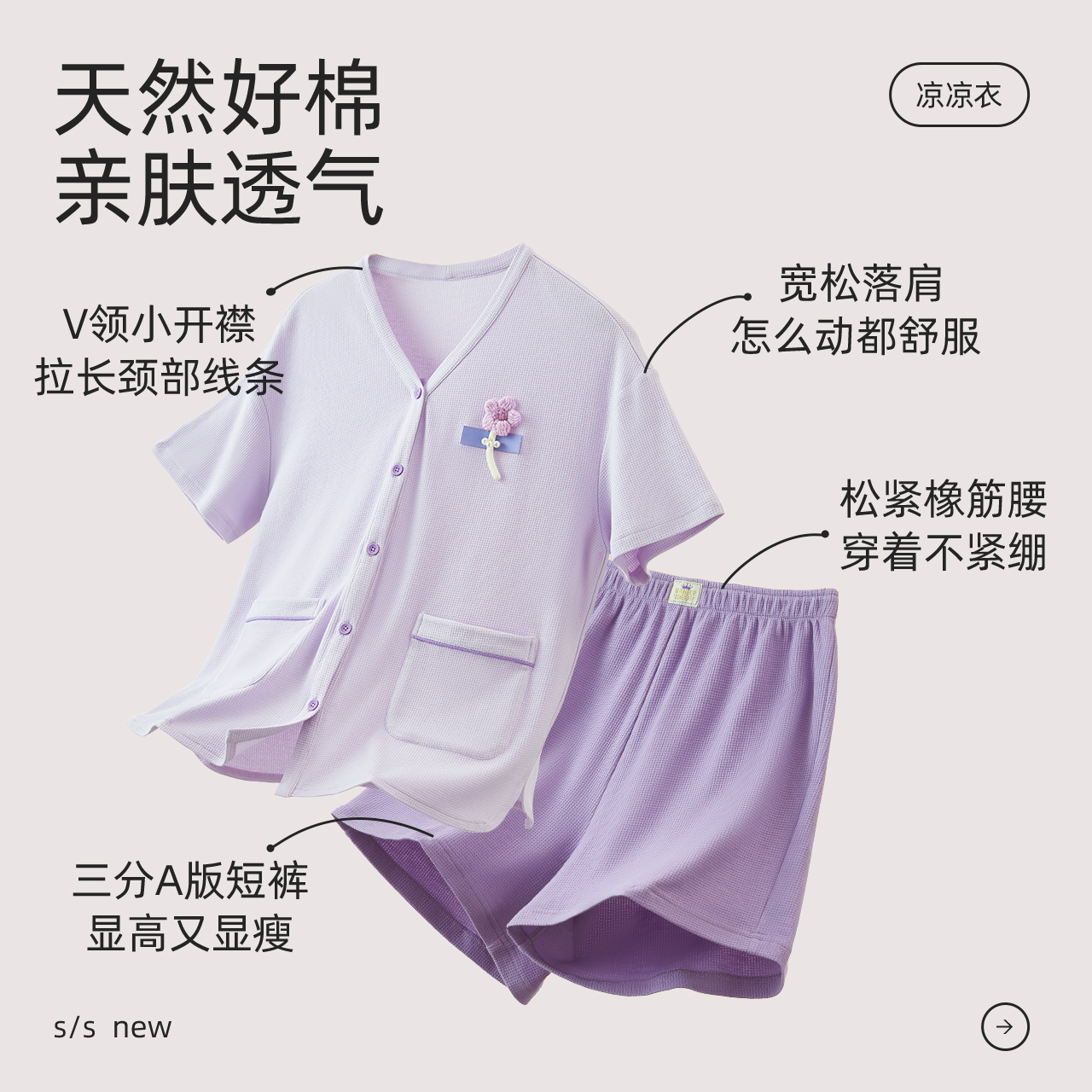 红豆女士睡衣夏季薄款棉质短袖短裤华夫格居家服透气家居服套装女-图1