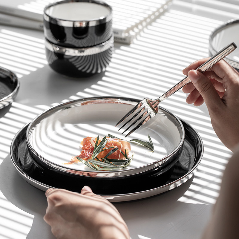 轻奢银边黑色陶瓷餐具简约家用高颜值鱼盘西餐盘汤碗饭碗套装组合,淘宝优惠券,粉丝福利购,淘宝优惠卷