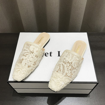 Retro Baotou Half Slippers Women's Summer Outerwear 2024 New Comfortable Hollow Breathable Lace Mesh Flat Mules