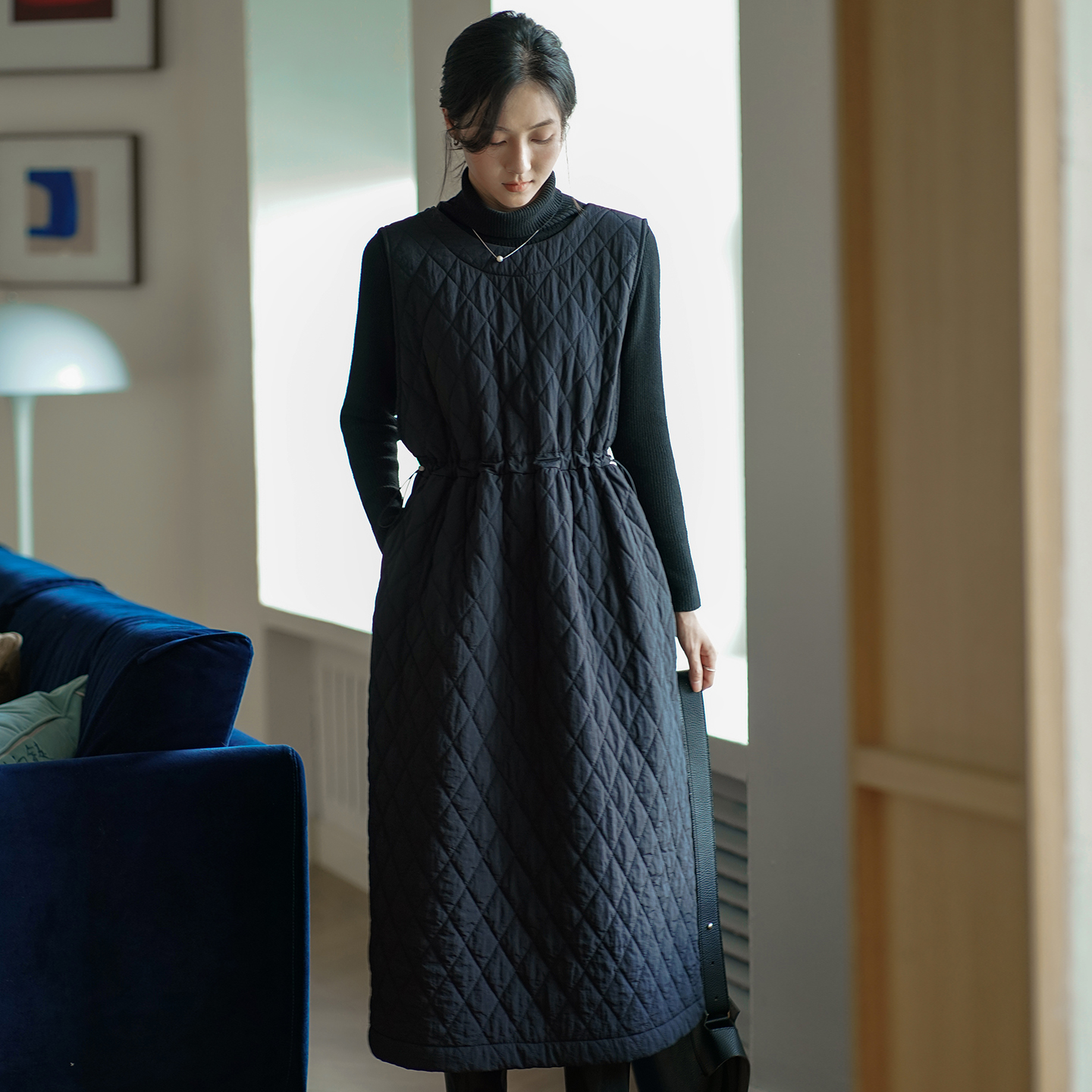 无谓夹棉背心裙2025冬季新款女装收腰马甲裙宽松中长款棉服连衣裙 - 图3