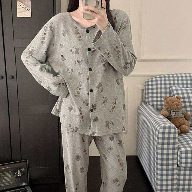 Pajamas ຜ້າຝ້າຍບໍລິສຸດ 100 ຝ້າຍແມ່ຍິງກາງເກງຂາຍາວນັກສຶກສາພາກຮຽນ spring ແລະດູໃບໄມ້ລົ່ນນັກສຶກສາແມ່ຍິງໃຫມ່ cardigan ເຮືອນໃສ່