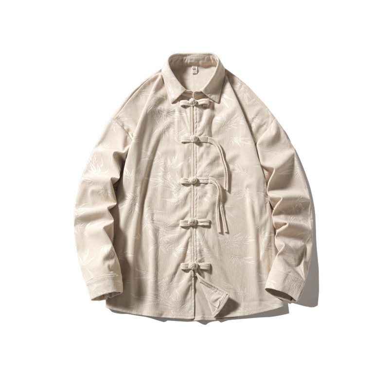 新中式国风灯芯绒刺绣长袖衬衫春秋装男士大码潮流唐装盘扣衬衣,淘宝优惠券,粉丝福利购,淘宝优惠卷