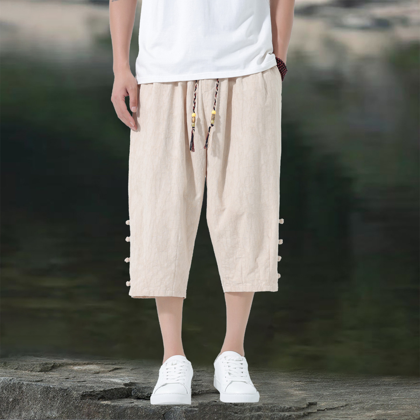 亚麻裤中国风新中式男士短裤外穿夏季薄款棉麻七分裤盘扣复古唐装,淘宝优惠券,粉丝福利购,淘宝优惠卷