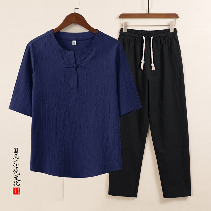 New Chinese style linen men's Chinese style suit two-piece middle-aged and elderly dad's short-sleeved T-shirt retro tea suit