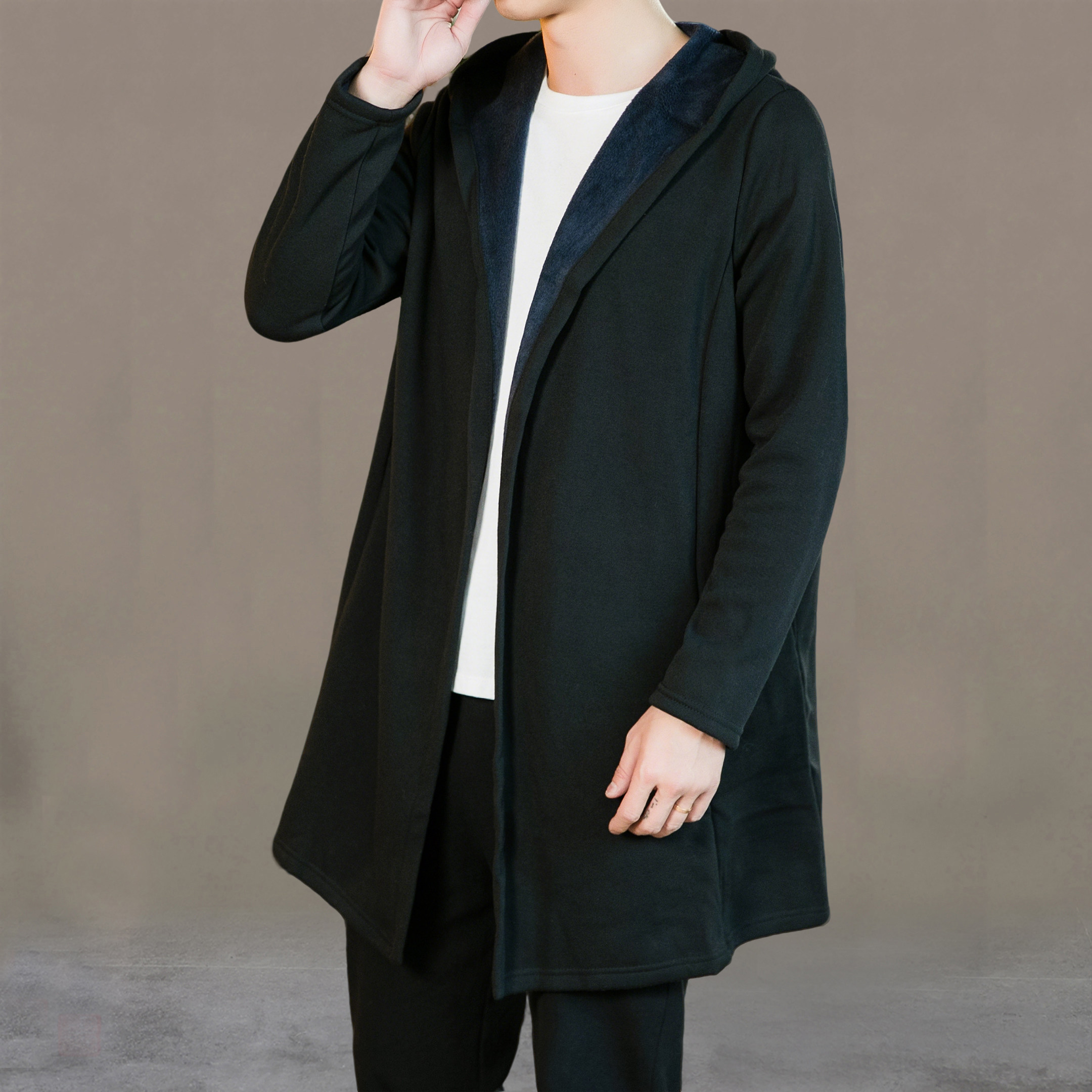 秋冬汉服风衣男中式加绒加厚中长款连帽披风茶服古风道袍开衫外套,淘宝优惠券,粉丝福利购,淘宝优惠卷