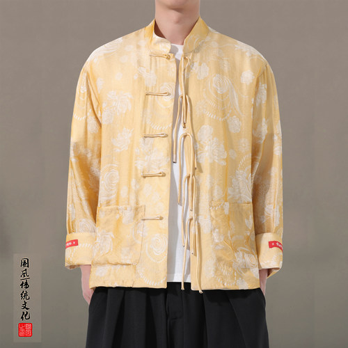 春夏薄款中国风男装衬衫新中式浮光锦缎提花长袖衬衣外套复古立领 - 图2