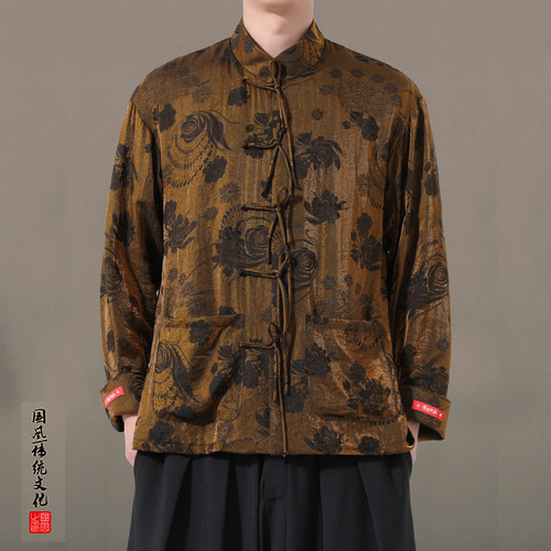 春夏薄款中国风男装衬衫新中式浮光锦缎提花长袖衬衣外套复古立领 - 图0