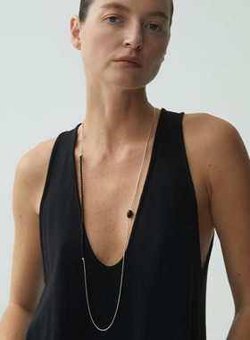 EWEST 新款长链条拼接银项链黑曜石女小众颈链高级925锁骨链项饰