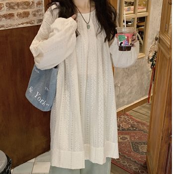Plus size summer fat girl mm loose puff sleeves mid-length hollow embroidered long-sleeved shirt women's dress