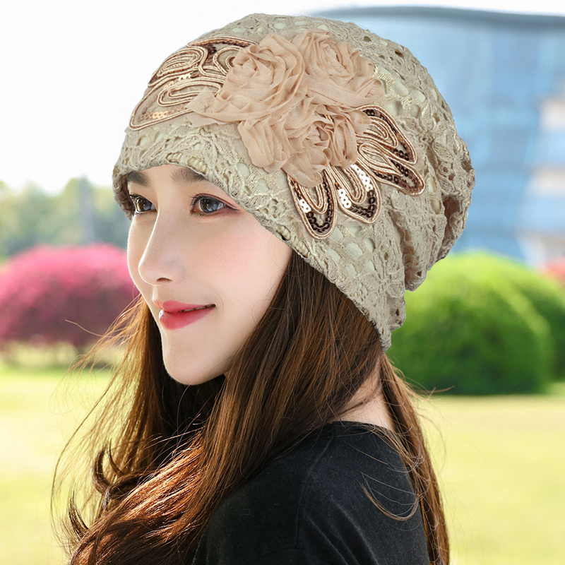 女士帽子薄款包头帽韩版堆堆帽蕾丝花朵帽双层遮白发帽优雅头巾帽