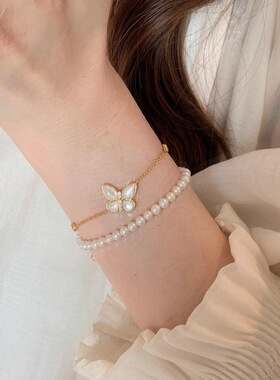 法式浪漫复古气质优雅拉丝白贝镶钻蝴蝶手链项链小众设计高级套装