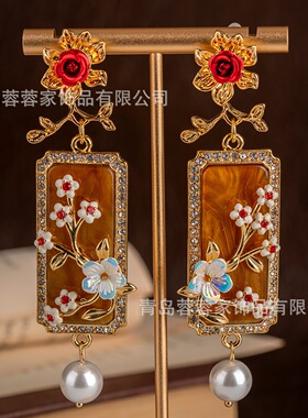中古新中式宫廷风古风浮雕花朵方牌耳坠长款气质重工珐琅耳饰