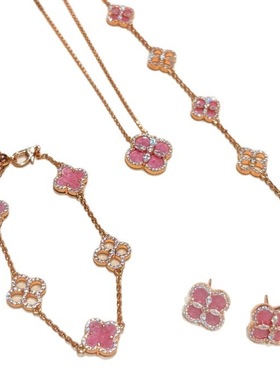Vintage中古蔷薇粉花精工闪钻四叶草手链项链耳钉多巴胺复古套装