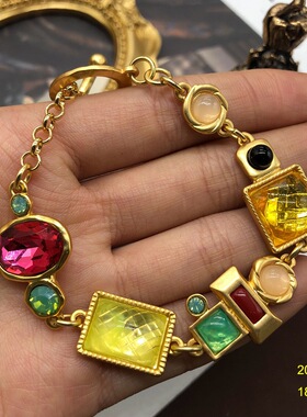 镀真金雾金中古彩色莱茵宝石钻手链 果冻琉璃不规则几何形状手链