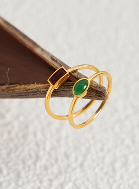 韩版东大门小众设计细圈个性钛钢镀金指环镶嵌多彩晶石戒指女饰品