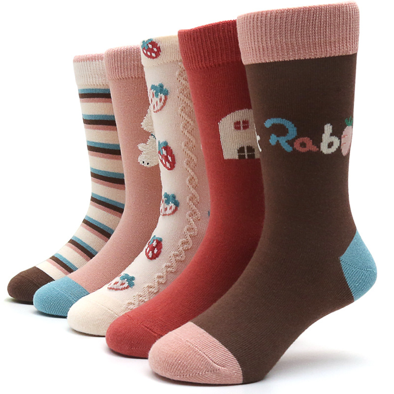 六指鼠童袜秋冬厚款兔子中筒精梳棉卡通加长女童条纹学生保暖袜子 - 图0
