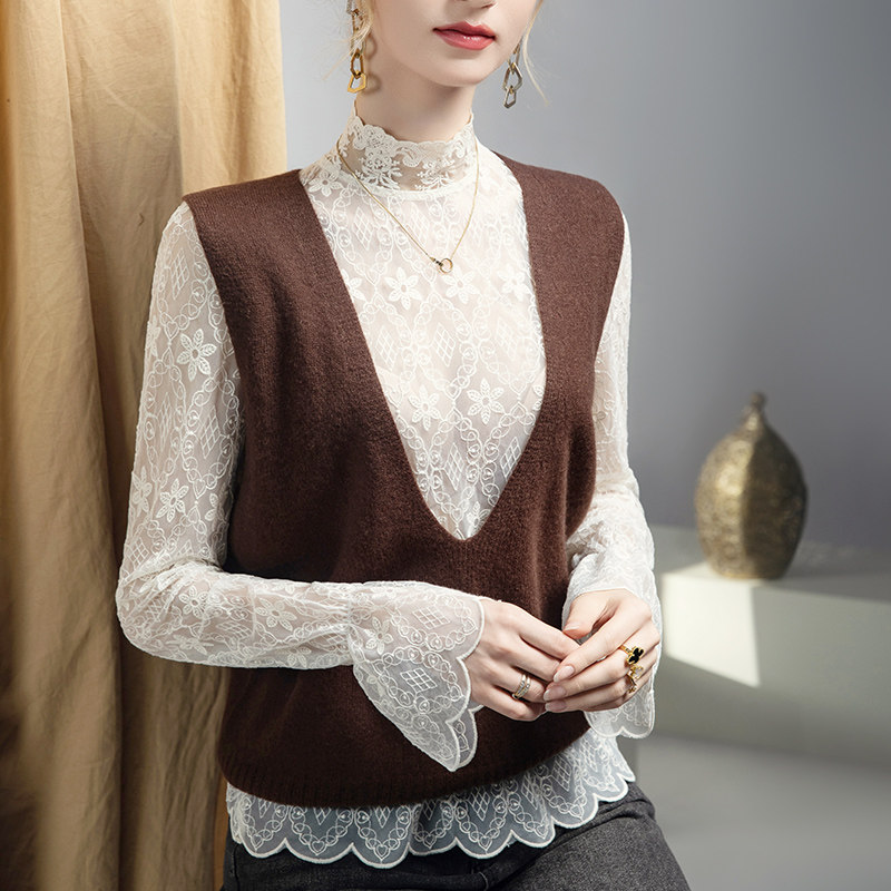 立领刺绣蕾丝上衣女喇叭袖宽松2025秋冬新款女装内搭性感气质小衫,淘宝优惠券,粉丝福利购,淘宝优惠卷