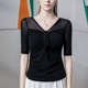 Bow V-neck mesh bottoming shirt for women with quarter sleeves