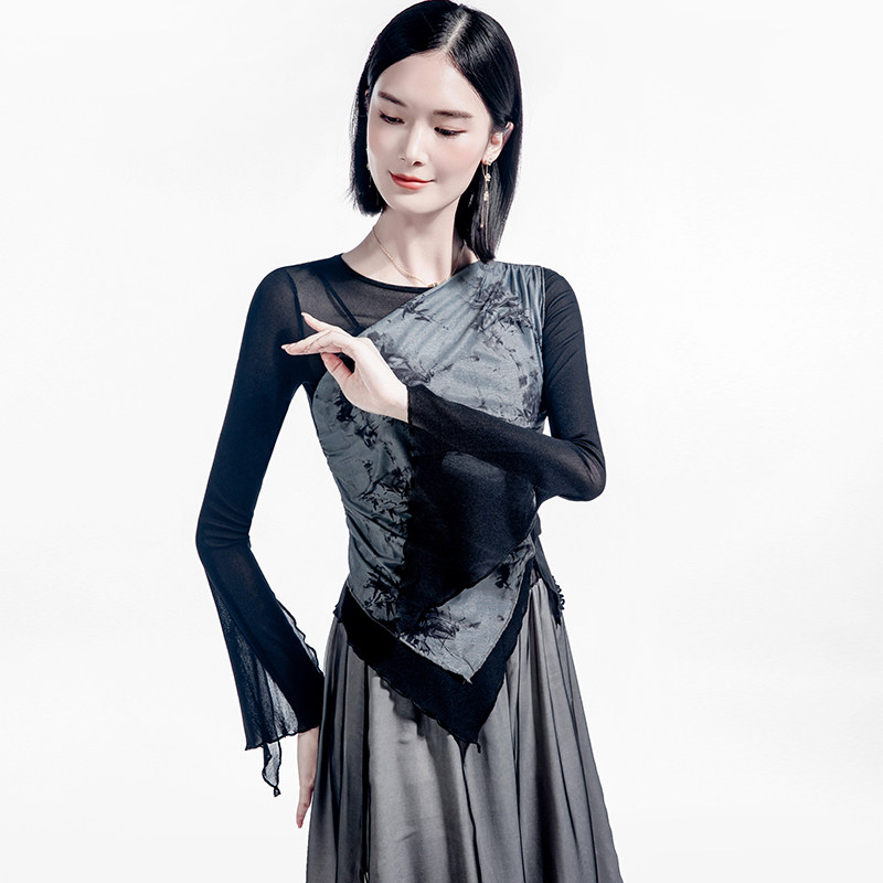 斜领印花网纱假两件拼接舞蹈上衣女喇叭袖2025秋季女装练功小衫,淘宝优惠券,粉丝福利购,淘宝优惠卷