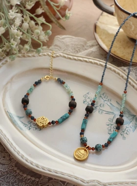 新中式国色配色 雍容芳华天然石项链极爆海蓝宝墨蓝色绿财神手链