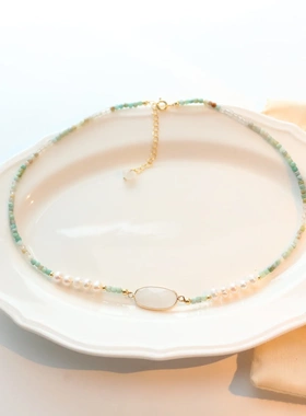 原创设计渐变绿色天河石手链高品质淡水珍珠项链锁骨链戒指合集
